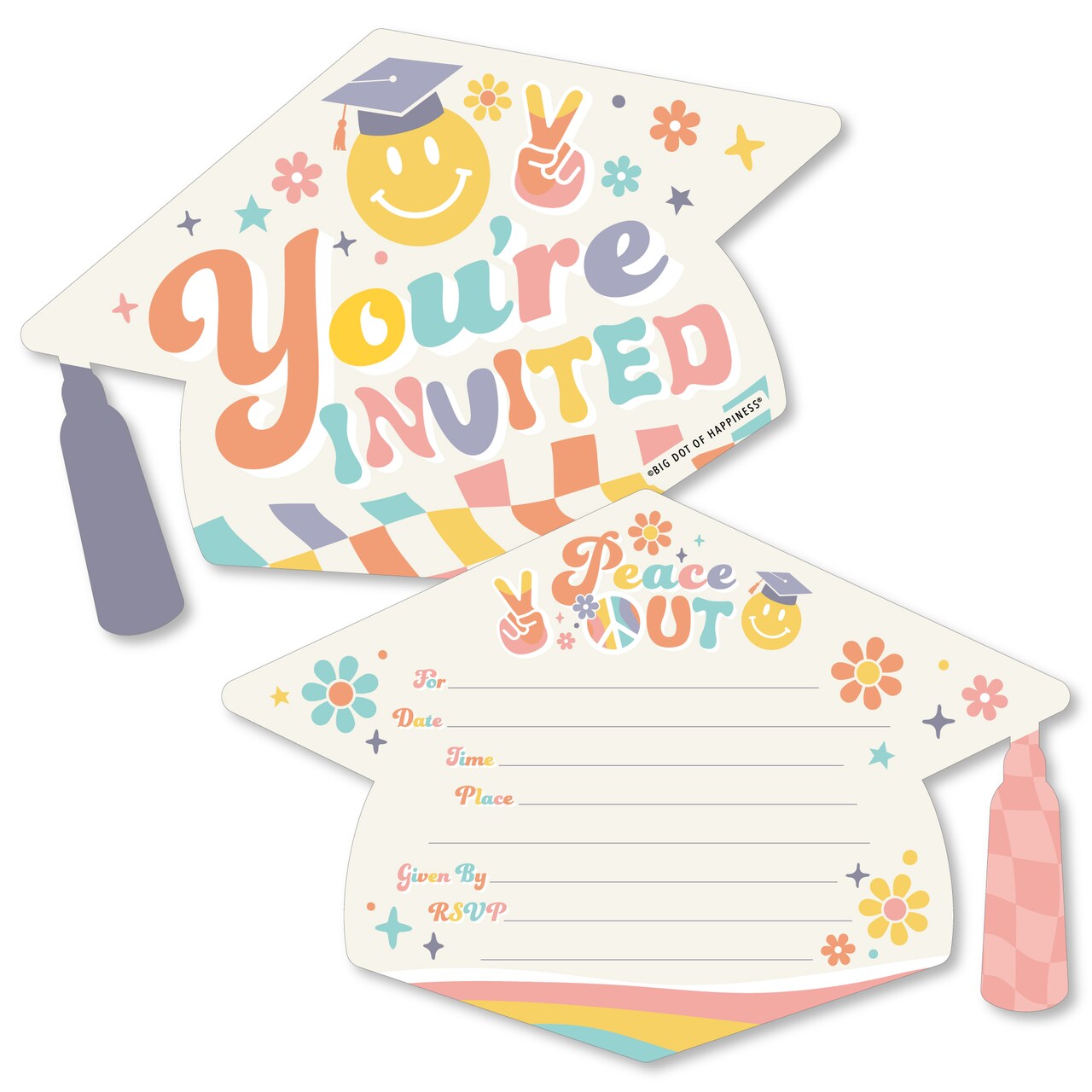 Big Dot of Happiness Groovy Grad - Shaped Fill-In Invitations - Hippie Graduation Party Invitation Cards with Envelopes - Set of 12